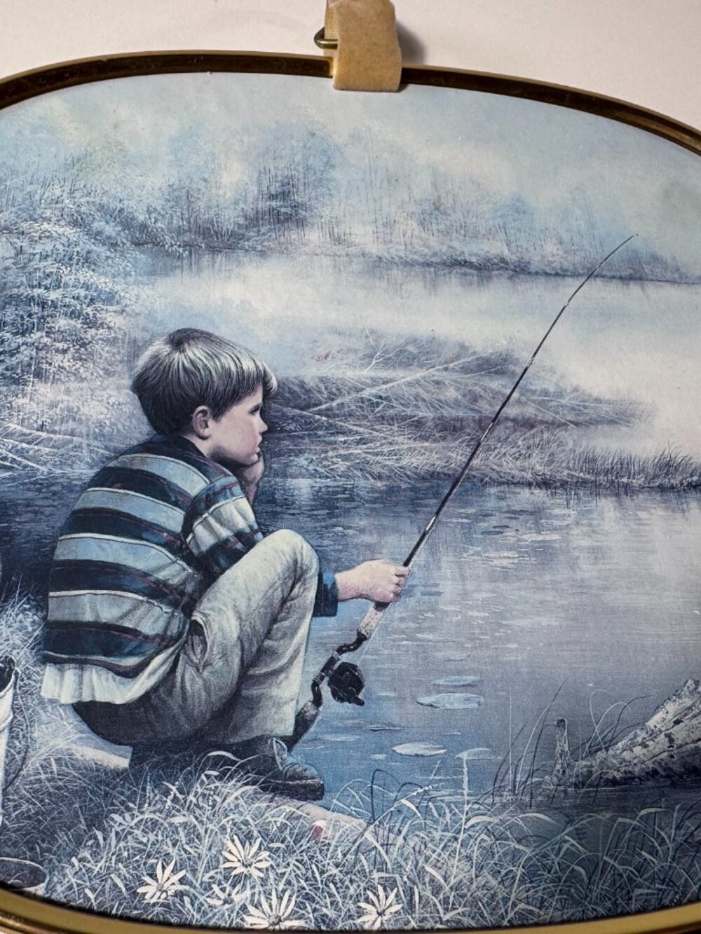 Vintage Fishing Boy & Dog Oval Wall Plaque Cottagecore Decor - Picture 5 of 6
